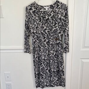 Charter Club Black and White Long Sleeve faux wrap Dress with gold buckle